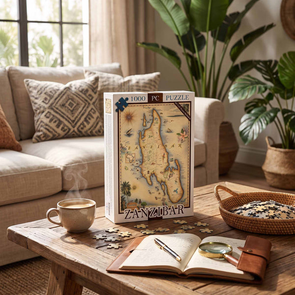 A 1000-piece jigsaw puzzle box labeled 'ZANZIBAR' stands on a wooden table in a cozy living room setting. The scene includes a steaming mug, an open notebook with a pen, a magnifying glass, and a basket of loose puzzle pieces, with a sofa and potted plants in the background.