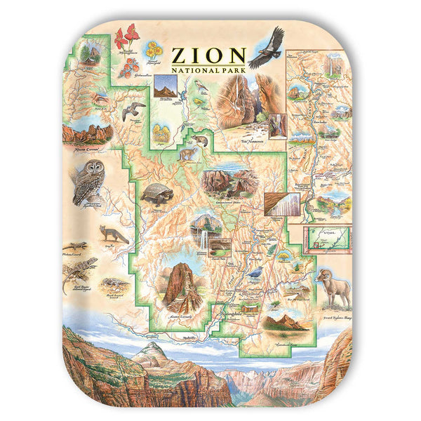 Large Rectangle Serving Tray Map of Zion National Park with various attractions and landmarks on a beige background