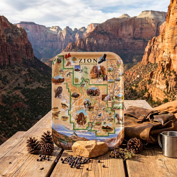 Serving Tray Map of Zion National Park on a wooden surface with scenic background