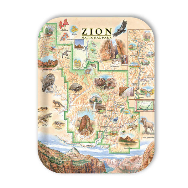Medium Rectangle Serving Tray Map of Zion National Park with various attractions and animals on a beige background