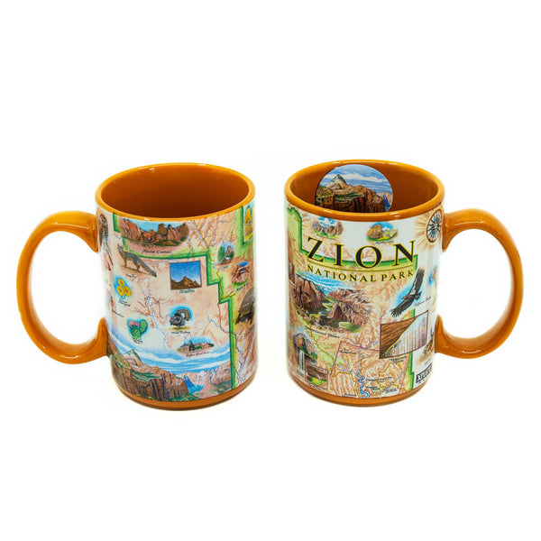 Two Orange 16 oz Zion National Park Map Ceramic Mug. The map features illustrations of Angels Landing, Weeping Rock, The Narrows, and Kolob Canyon. Flora and fauna include Mojave desert tortoise, western columbine, and desert marigold. 