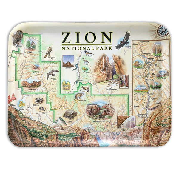 Zion National Park Serving tray featuring illustrations of Owls, Turtles, Mountains, birds and many more.