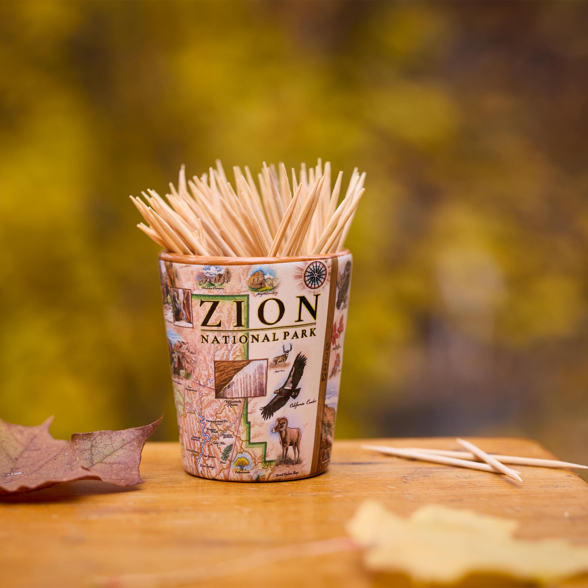 Shot glass of toothpicks with Zion National Park design on a wooden surface with blurred natural background