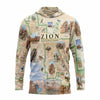 Hoodie with Zion National Park map and illustrations on a white background