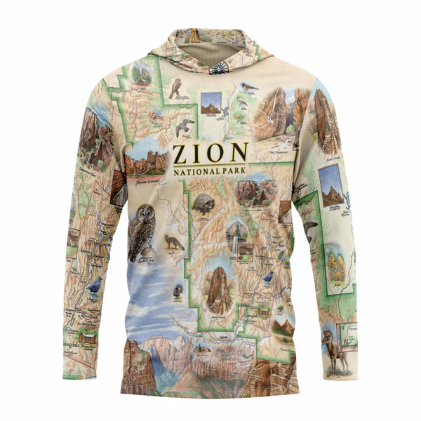 Hoodie with Zion National Park map and illustrations on a white background