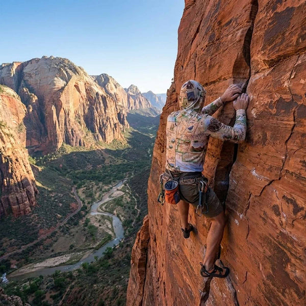Person climbing a rocky cliff with a scenic landscape in the background