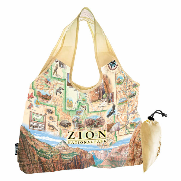 Zion National Park Map Pouch Tote Bags by Xplorer Maps. The map features illustrations of Angels Landing, Weeping Rock, The Narrows, and Kolob Canyon. Flora and fauna include Mojave desert tortoise, western columbine, and desert marigold. 