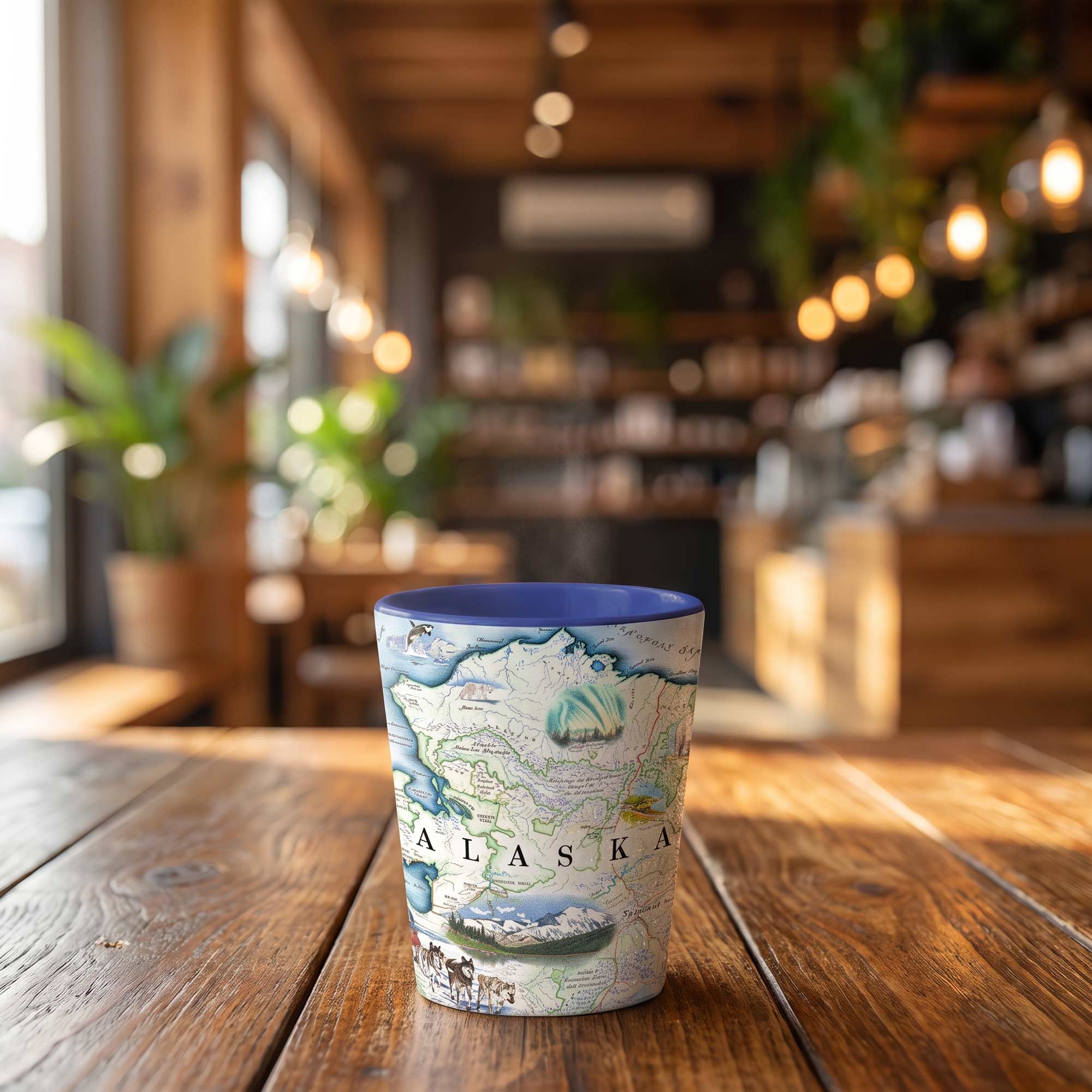 A ceramic mug featuring a vintage-style map of Alaska, set on a rustic wooden table in a warm, softly blurred cafe interior.