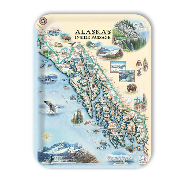 Medium Serving Tray Map of Alaska's Inside Passage with illustrations and text on a beige background