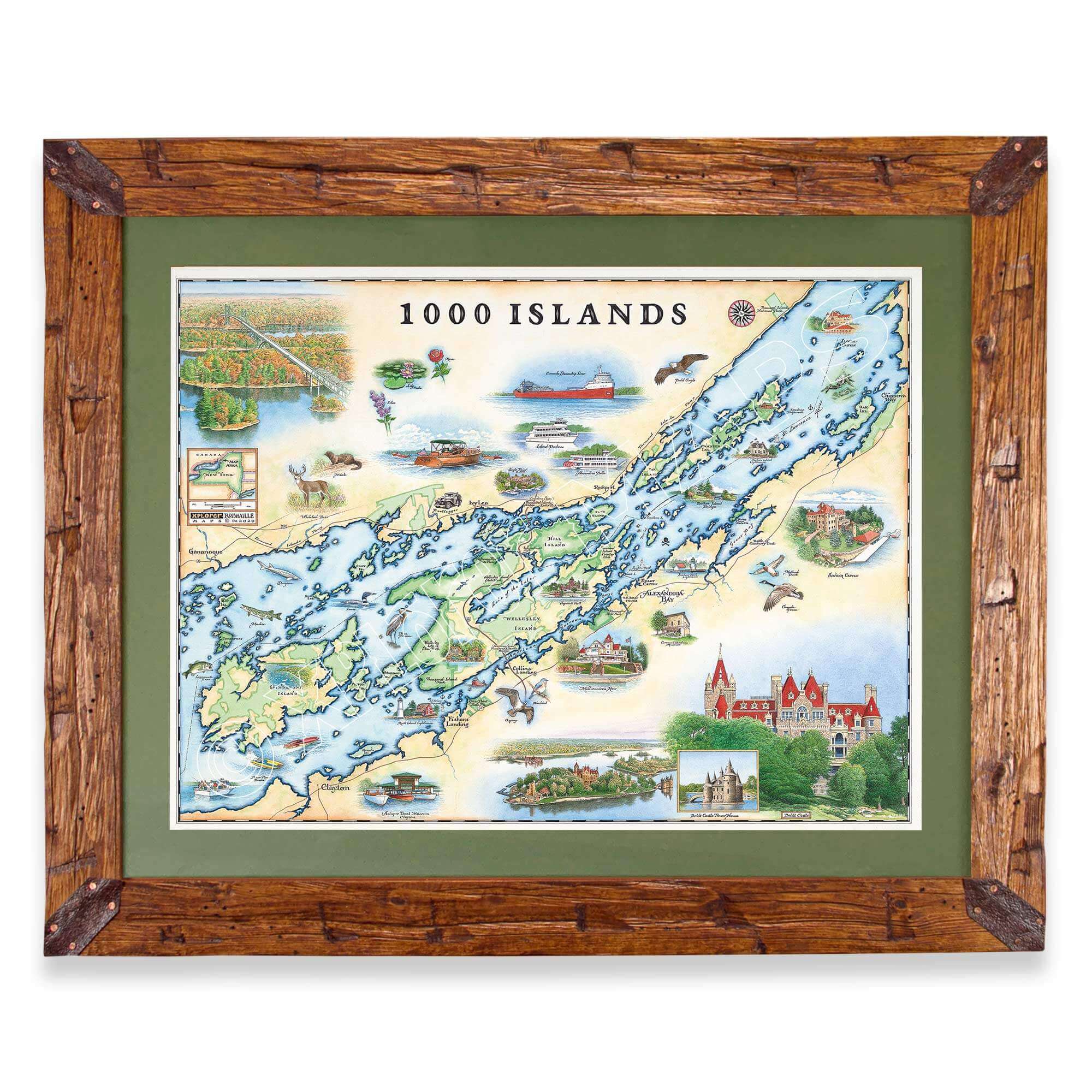 1000 Islands hand-drawn map in a Montana hand-scraped pine wood frame with green mat.