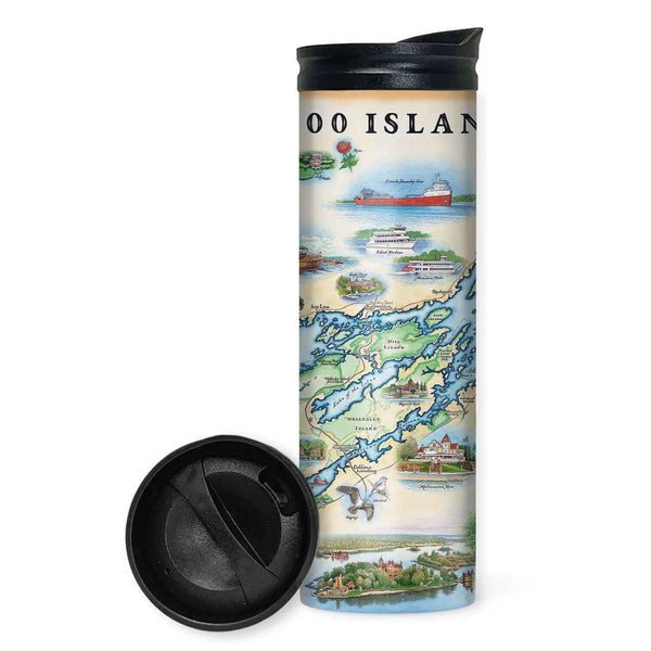 1000 Islands Map Travel Drinkware - 16 oz for your favorite hot or cold beverages. Featuring ocean, trees, animals, and ships in earth tone colors. 