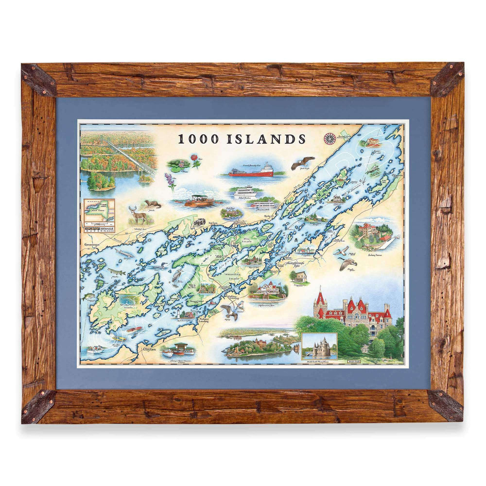 1000 Islands hand-drawn map in a Montana hand-scraped pine wood frame with blue mat.
