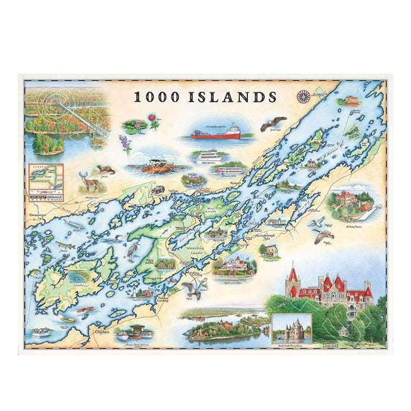 1000 Islands hand-drawn map - 24x18 blue, green, earth tone colors. Map features Bolt Castle and Singer Castle as well as flora a fauna such as blue heron, white tail deer and mink.
