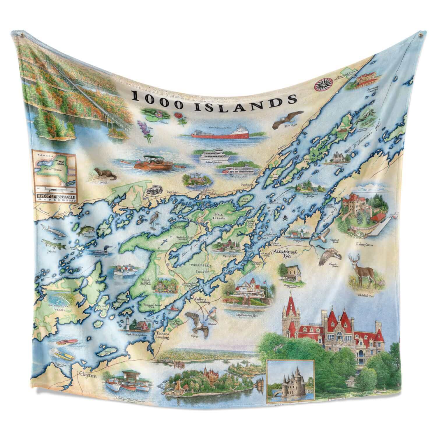 1000 Islands Map Fleece Blanket made of microfiber fleece and Berber fleece. The earth tone map features Eagle Point Castle, Bolt Castle, and Singer Castle. Flora and Fauna include Lilacs, Lily pads, rose, deer and geese. Activities like boating are also illustrated on the throw. 