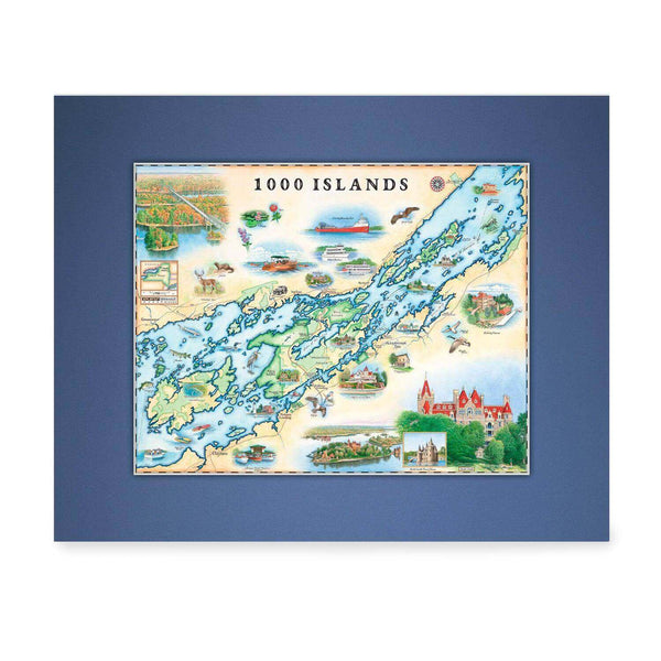 Blue Pre-matted 1000 Islands Mini-Maps with a custom blue matte - 14" x 11". Features Bolt Castle and Singer Castle.