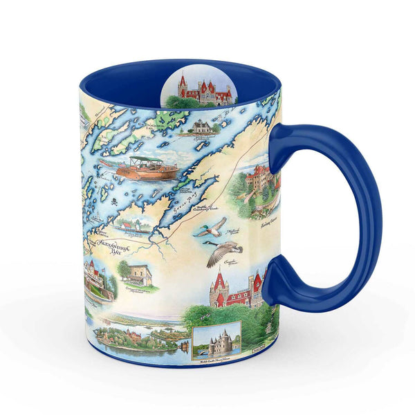 1000 Islands Ceramic Mug - 16 0z in blue. Featuring Bolt Castle, boats, birds, and ocean. 