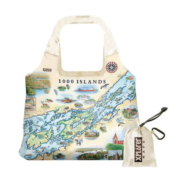1000 Islands National Park Map Pouch Tote Bag by Xplorer Maps. Map features Bolt Castle and Singer Castle as well as flora a fauna such as blue herons, whitetail deer, and mink.