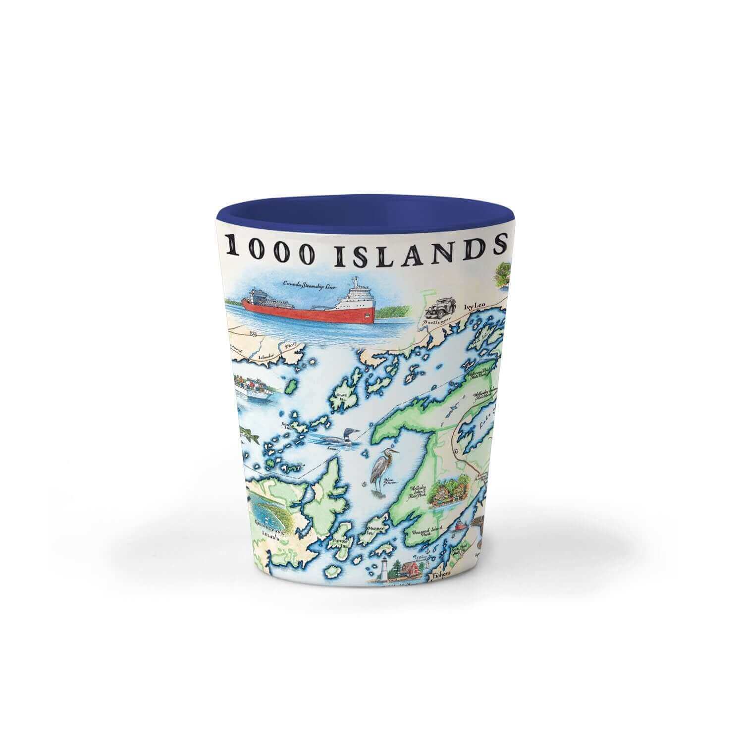 1000 Islands Map Ceramic Shot Glass in natural blues, green and beige colors. Map features Bolt Castle and Singer Castle as well as flora a fauna such as blue herons, whitetail deer, and mink.