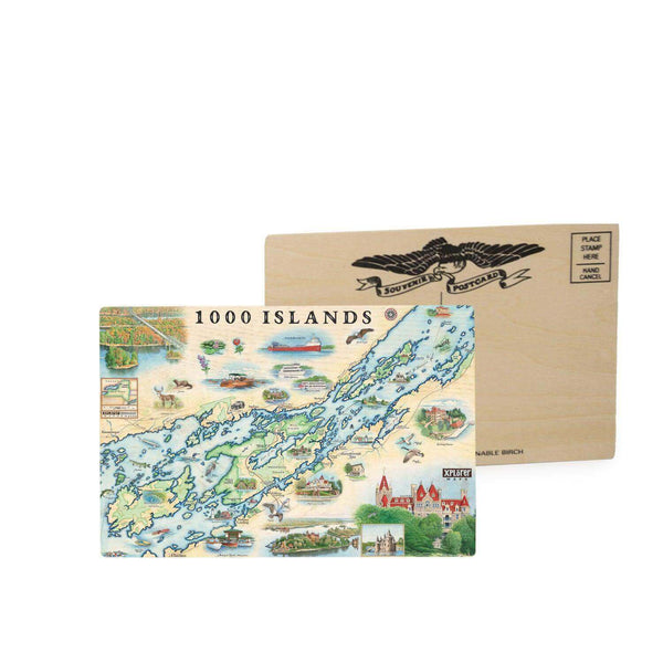 1000 Islands Map Mailable Wood Postcards measure 6 1/4" wide by 4 1/4". Features Bolt Castle and Singer Castle.