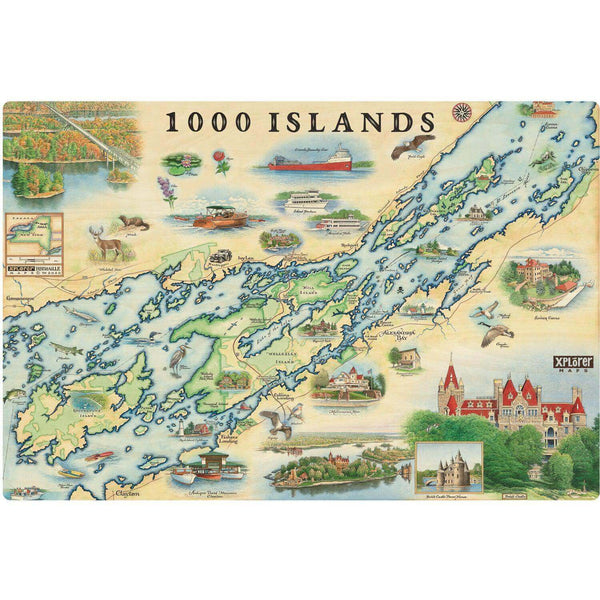 The 1000 Islands Map Wood signs are 15" by 10.5". Features Bolt Castle and Singer Castle.