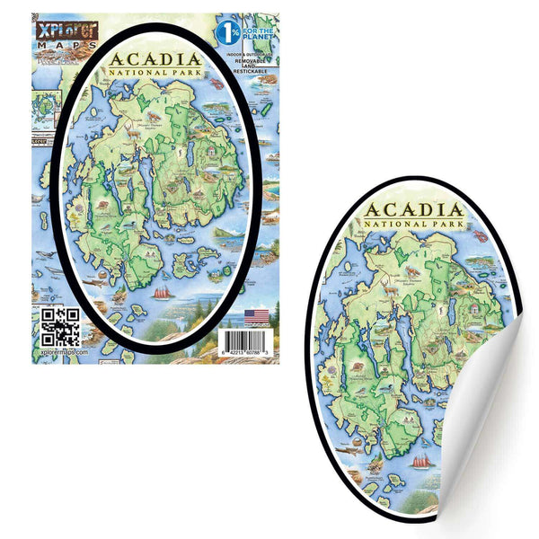 Acadia National Park Map Sticker features historical sites such as Cadillac Mountain, Jordan Pond Gatehouse, Park Loop Road, Sand Beach, Otter Cliff, and Thunder Hole. Flora and fauna Harbor Seal, Humpback and Finback Whales, the Common Loon, White-tailed Deer, Red Fox and Goldenrod, and Blue Aster wildflowers.