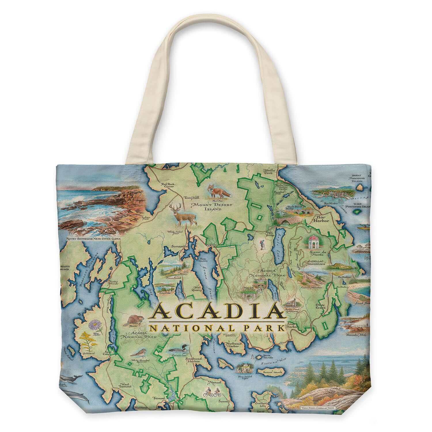 Maine's Acadia National Park Map Canvas Tote Bag in Earth Tone colors. Featuring Otter Cliffs, Thunder Hole, Mount Desert Island, and a lighthouse. Flora and fauna include; native flowers, a fox, a deer, a beaver, birds, and whales. 
