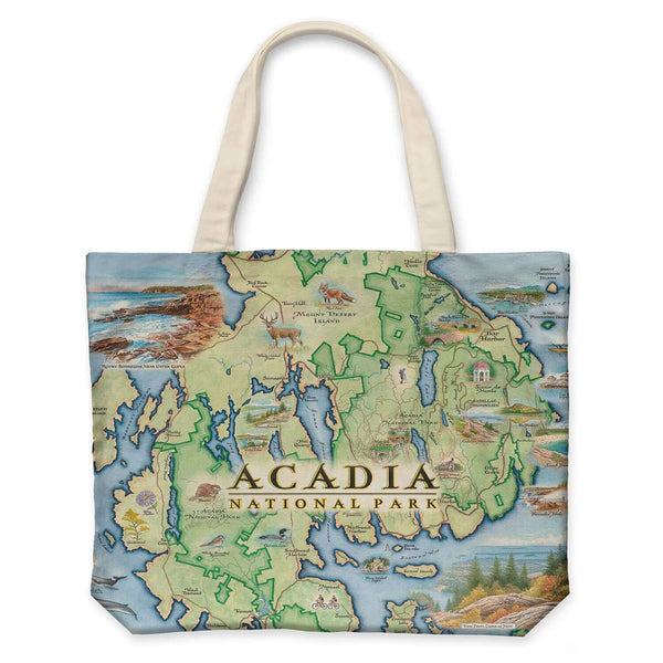 Maine's Acadia National Park Map Canvas Tote Bag in Earth Tone colors. Featuring Otter Cliffs, Thunder Hole, Mount Desert Island, and a lighthouse. Flora and fauna include; native flowers, a fox, a deer, a beaver, birds, and whales. 
