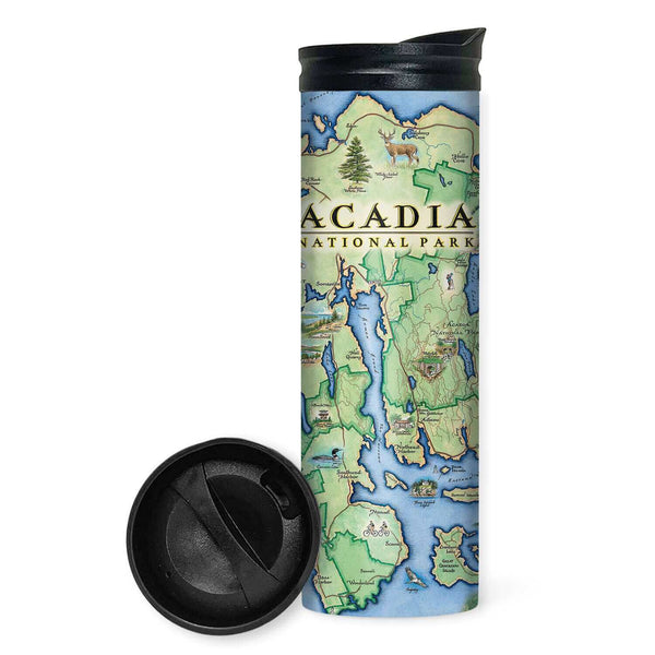 Maine's Acadia National Park Map -16 oz Travel Drinkware. Featuring a lobster, lighthouse, water, osprey, and trees in earth-tone colors. Cities like Portland, Cranberry Isle, Bass Harbor, and Southwest Harbor. Lakes are also depicted on the mug, like Echo Lake and Eagle Lake. 