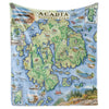 Hanging, full-color Acadia National Park fleece blanket in earth tones. Features historical sites such as Cadillac Mountain, Jordan Pond Gatehouse, Park Loop Road, Sand Beach, Otter Cliff, and Thunder Hole. Flora and fauna Harbor Seal, Humpback and Finback Whales, the Common Loon, White-tailed Deer, Red Fox and Goldenrod, and Blue Aster wildflowers. 