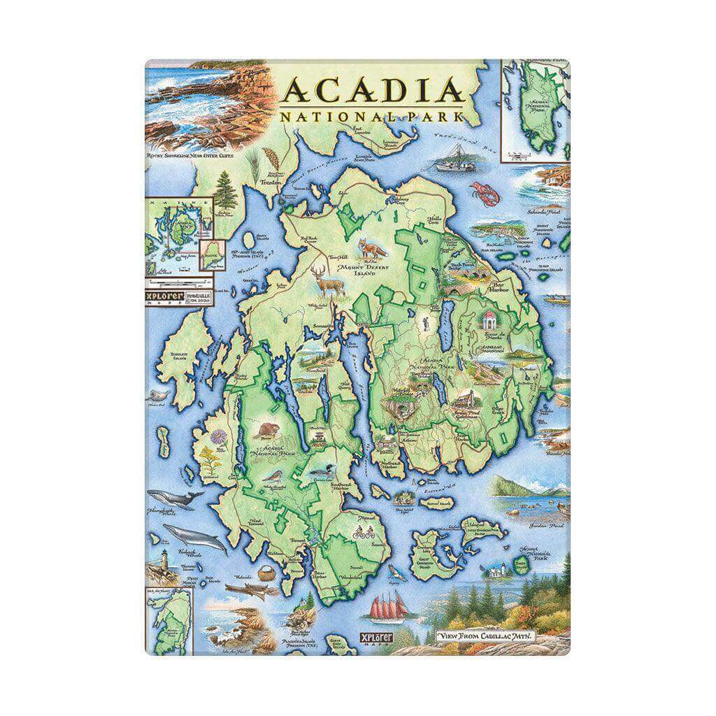 Acadia National Park Map Magnets are designed around the exquisite watercolor art of Xplorer Maps artist Chris Robitaille. Acadia Magnets are 3.5