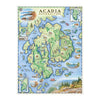 Acadia National Park Hand-Drawn Map 18x24 - blue and green earth tones.  Features historical sites such as: Cadillac Mountain, Jordan Pond Gatehouse, Park Loop Road, Sand Beach, Otter Cliff, and Thunder Hole. Flora and fauna Harbor Seal, Humpback and Finback Whales, the Common Loon, White-tailed Deer, Red Fox and Goldenrod, and Blue Aster wildflowers. 