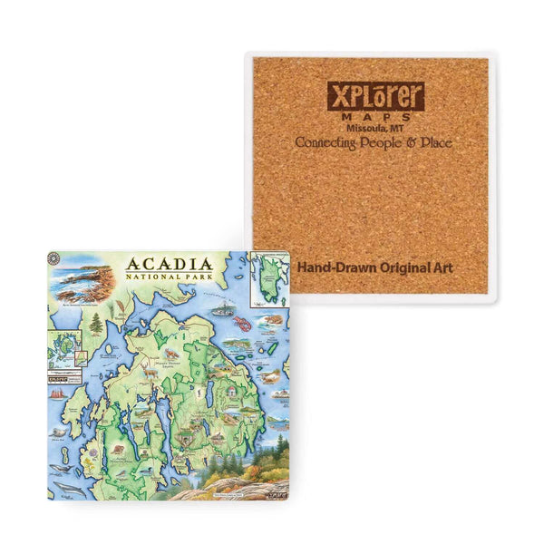 4" x 4 " Acadia National Parks map ceramic coasters. Map features areas such as Bar Harbor, Waterfall Bridge, and Sieur de Monts Spring. Flora and fauna such as fox, lobster, and beaver.