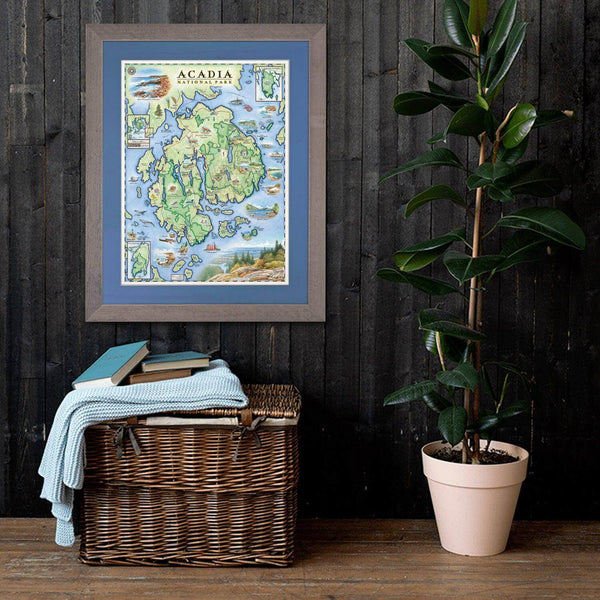 Acadia National Park Hand-Drawn Map - 18x24. Framed map hanging on wood wall with house plant. 