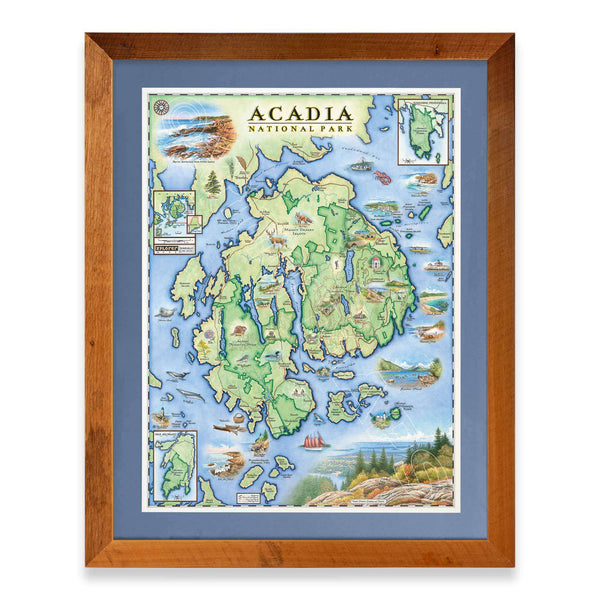 Acadia National Park hand-drawn map in a Montana Flathead Lake reclaimed larch wood frame and blue mat. 