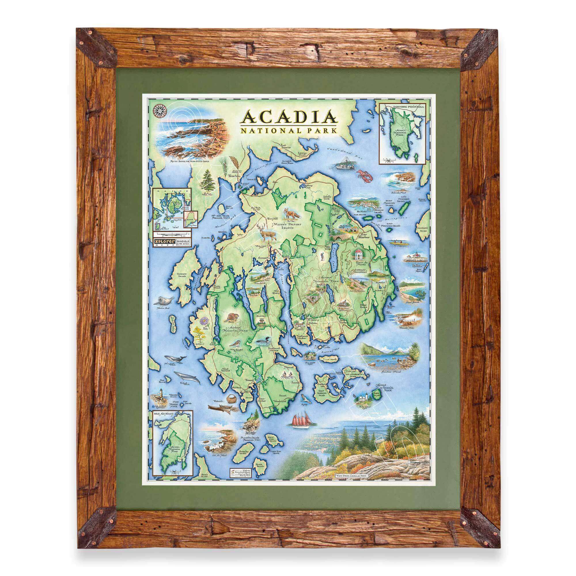 Alaska State hand-drawn map in a Montana hand-scraped pine wood frame with green mat.