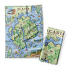 Acadia National Park Map kitchen dishwashing towel. The Tea towel features Otter Cliffs, Mount Desert Island, Bar Harbor, marine life, deer, fox, boats, a lighthouse, Jordon Pond, and Cadillac Mountains.