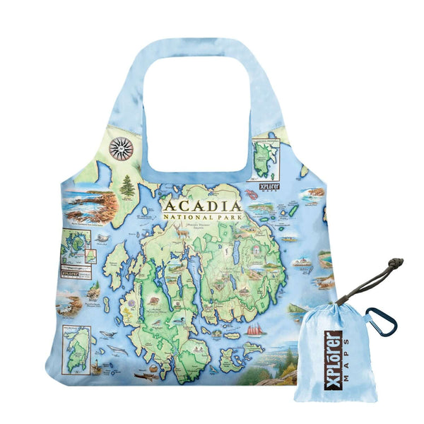 Acadia National Park Map Pouch Tote Bag by Xplorer Maps. Map features areas such as Bar Harbor, Waterfall Bridge, and Sieur de Monts Spring. Flora and fauna such as fox, lobster, and beaver.