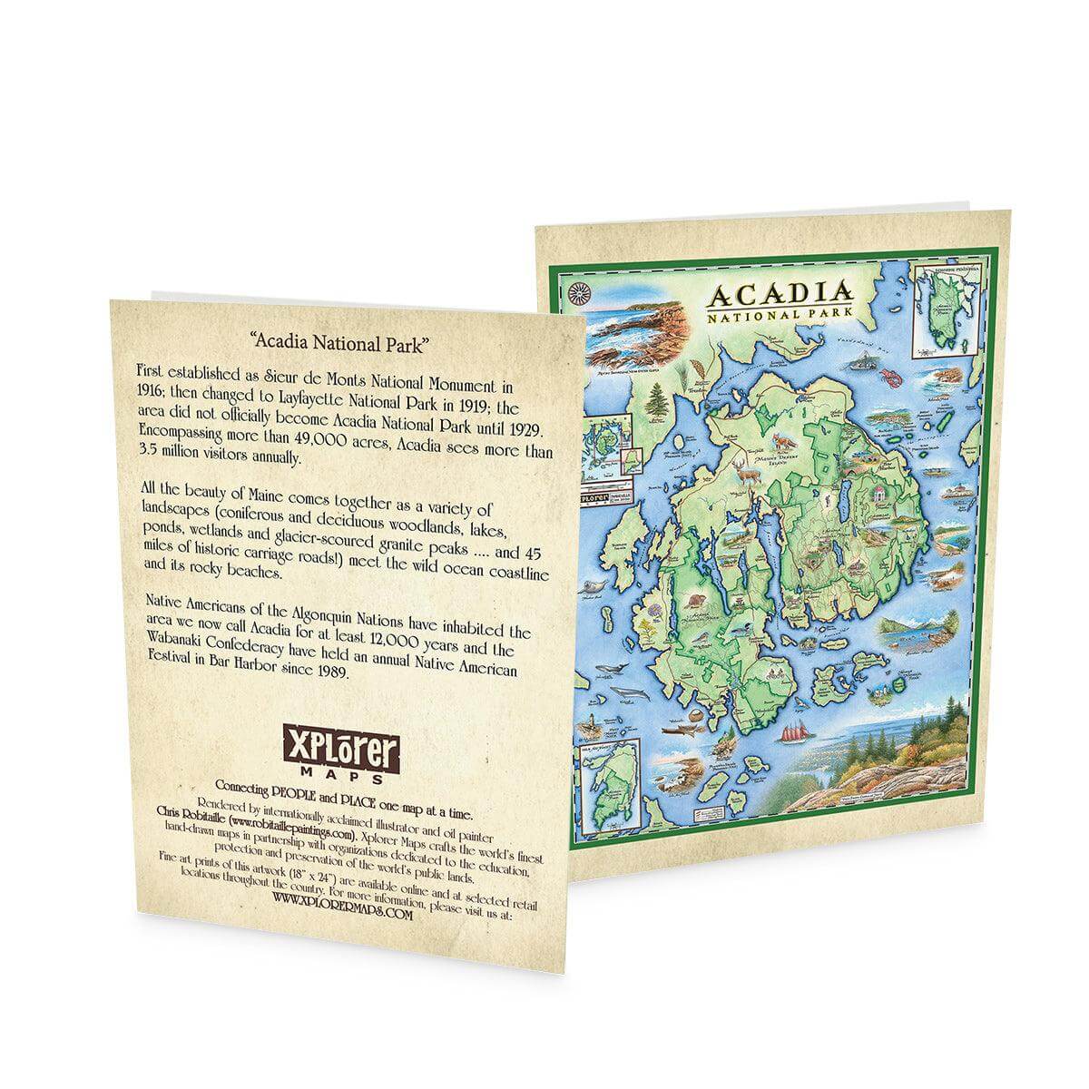Acadia National Park Map Notecard pack of 12. Featuring Cadillac Mountains, Lobster, fishing boats, and Otter Cliffs.  