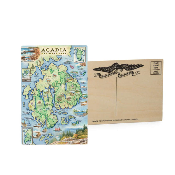 Acadia National Park Wooden Postcard that mailable and is in beautiful earth tone colors. Featuring Cadillac Mountains, Lobster, fishing boats, and Otter Cliffs. 