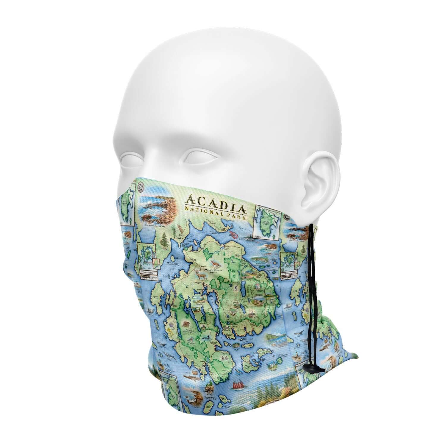 Maine's Acadia National Park Map Neck Gaiter or face covering in earth tones features Cadillac Mountains, lobster, fishing boats. 