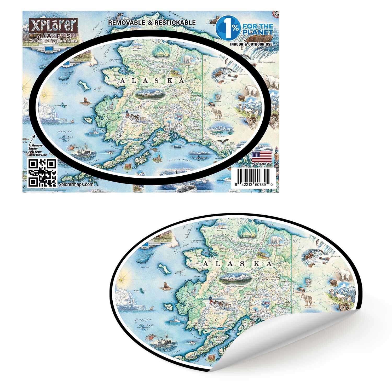 Alaska State Map Sticker in earth tone colors of blues and greens.The map includes Denali National Park and cities such as Anchorage, Fairbanks, and Juneau. Illustrations of wildlife matching the region: Polar bears, arctic foxes, moose, caribou, Gray wolves, Dall Sheep, wolverines, Canadian Lynx, King Salmon, Halibut, King Crab, horned puffins, harbor seals, Arctic Tern, ptarmigan, walruses, Kodiak bears, musk ox, Bald Eagles, Mountain Goats and more. 
