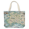 Alaska State map canvas tote bag in earth tone colors - featuring Anchorage, Juneau, Fair Banks, Denali National Park, Iditarod Trail Sled Dog Race, bears, elk, moose, whales, a mountain goat & a sheep. 