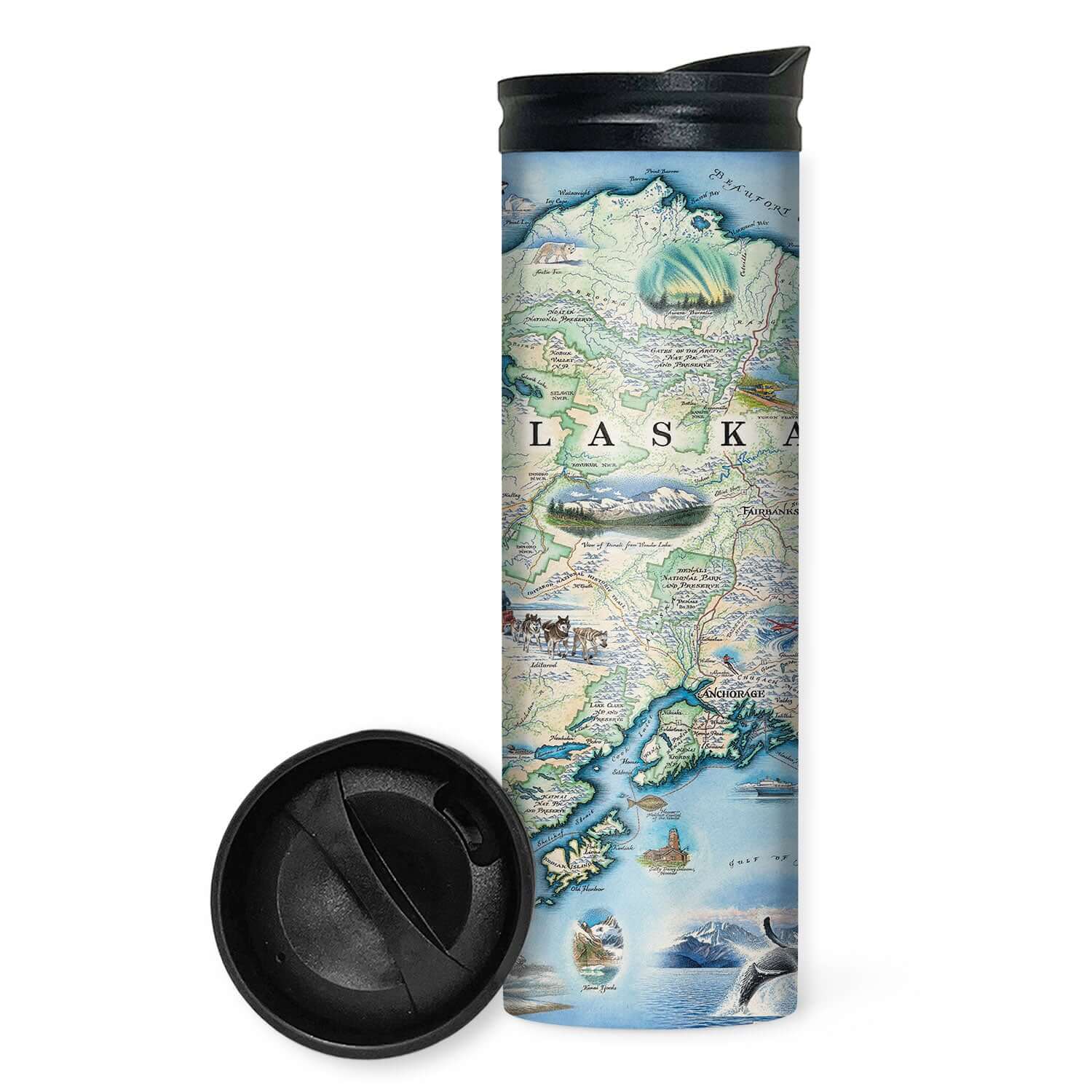 Alaska State Map 16 oz Travel Drinkware in earth tone colors. in earth tone colors of blues and greens. The Map features Anchorage, Juneau, Fair Banks, Denali National Park, Iditarod Trail Sled Dog Race, bears, elk, moose, whales, a mountain goat & a sheep.  