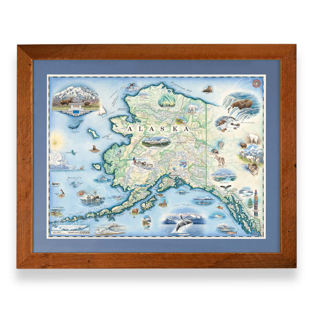 Alaska State hand-drawn map in a Montana Flathead Lake reclaimed larch wood frame and blue mat. 