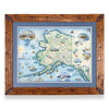 Alaska State hand-drawn map in a Montana hand-scraped pine wood frame with blue mat.