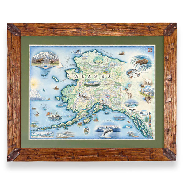 Alaska State hand-drawn map in a Montana hand-scraped pine wood frame with green mat.
