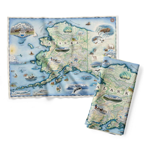 Alaska State map kitchen dishwashing towel in earth tone colors. The Map features Anchorage, Juneau, Fair Banks, Denali National Park, Iditarod Trail Sled Dog Race, bears, elk, moose, whales, a mountain goat & a sheep. 