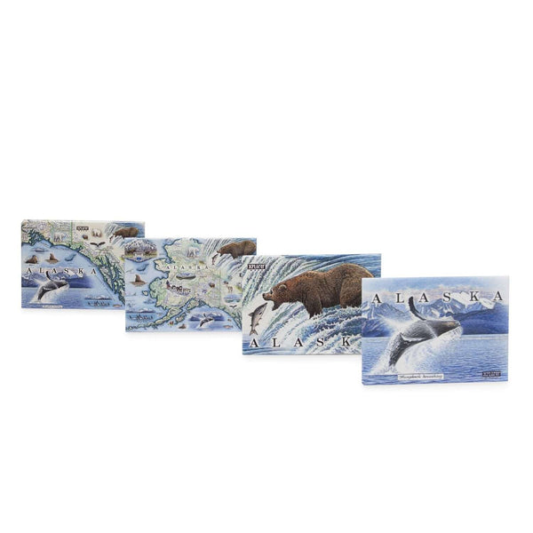 Alaska State map magnets in earth tone colors - featuring Denali National Park, bears, and whale. 