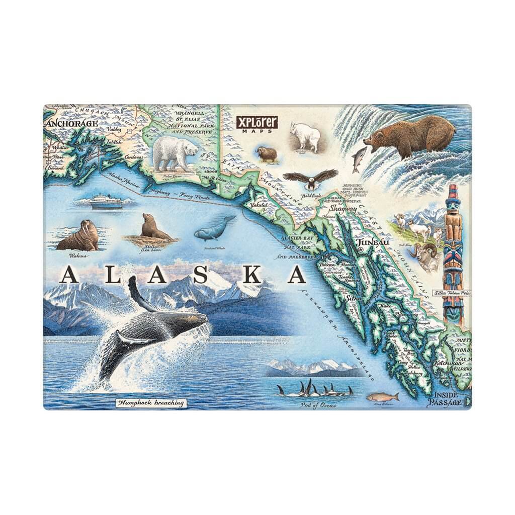 Alaska Inside Passage Map Magnet with a whale. The map includes Denali National Park and cities such as Anchorage, Fairbanks, and Juneau. Illustrations of wildlife matching the region: Polar bears, arctic foxes, moose, caribou, Gray wolves, Dall Sheep, wo