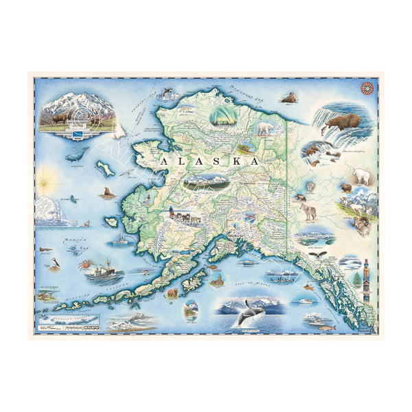Alaska State hand-drawn map in earth tone colors of blues and greens. The Map features Anchorage, Juneau, Fair Banks, Denali National Park, Iditarod Trail Sled Dog Race, bears, elk, moose, whales, a mountain goat & a sheep.  24x18